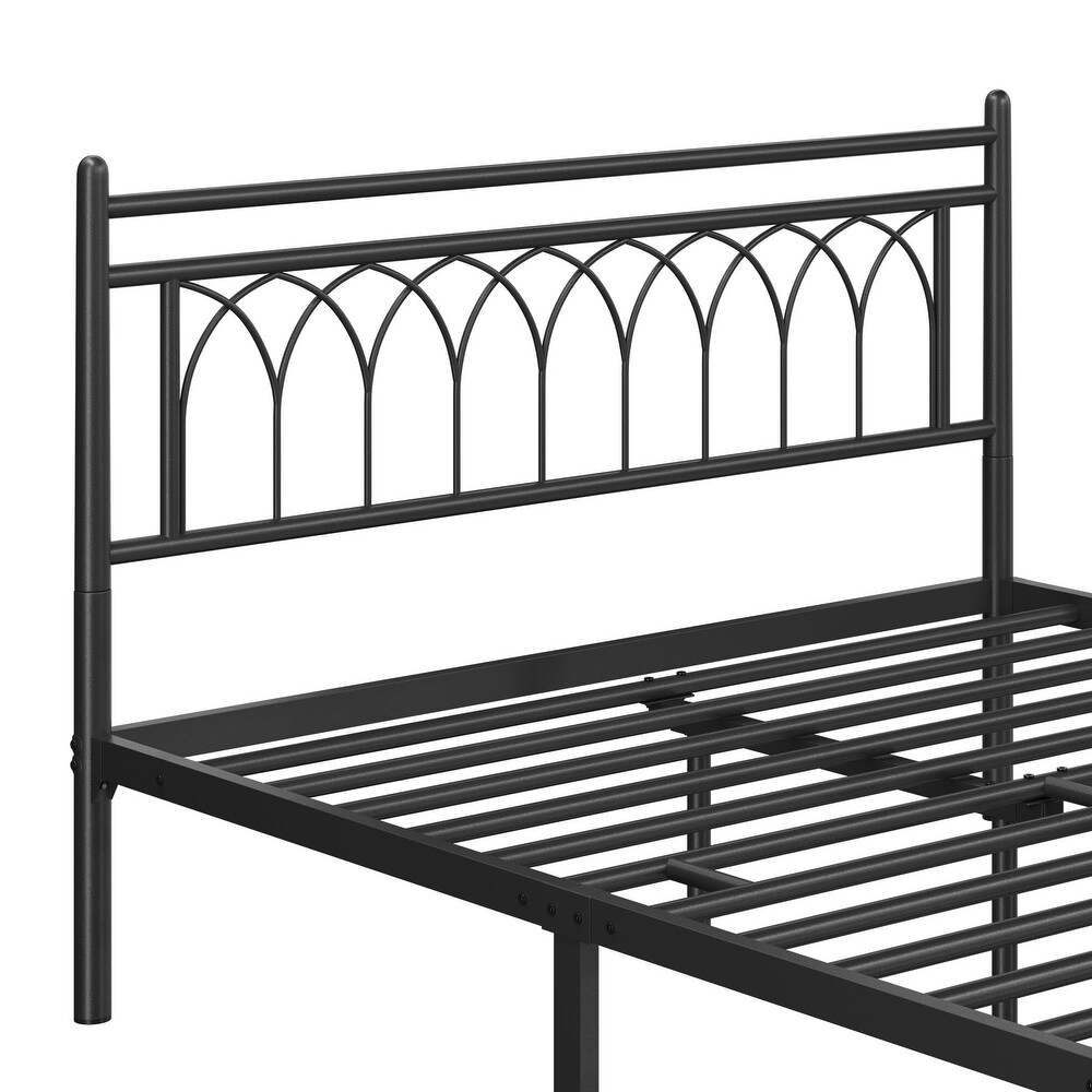 Modern Queen Size Metal Platform Bed Frame with Petal Accented Headboard  Spacious Underbed Storage