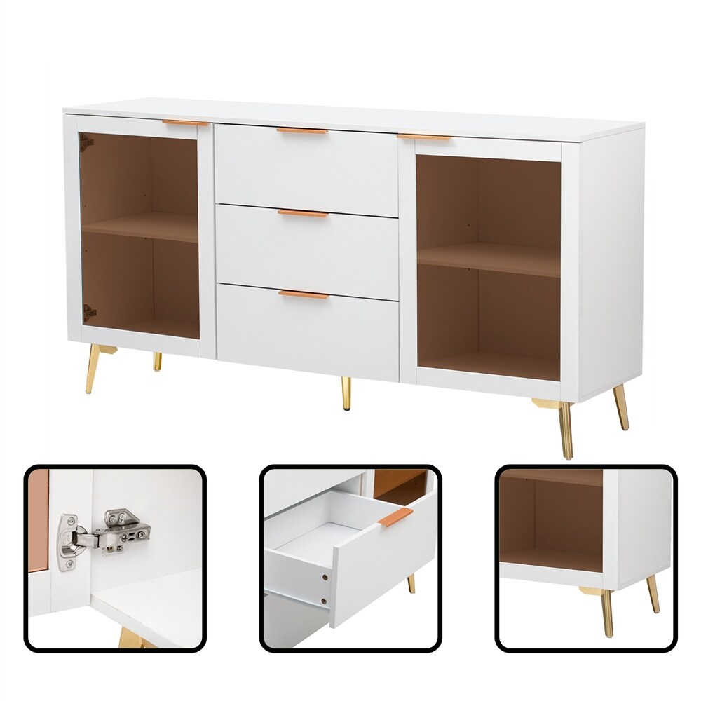 Featured Two door Storage Cabinet with Three Drawers and Metal Handles