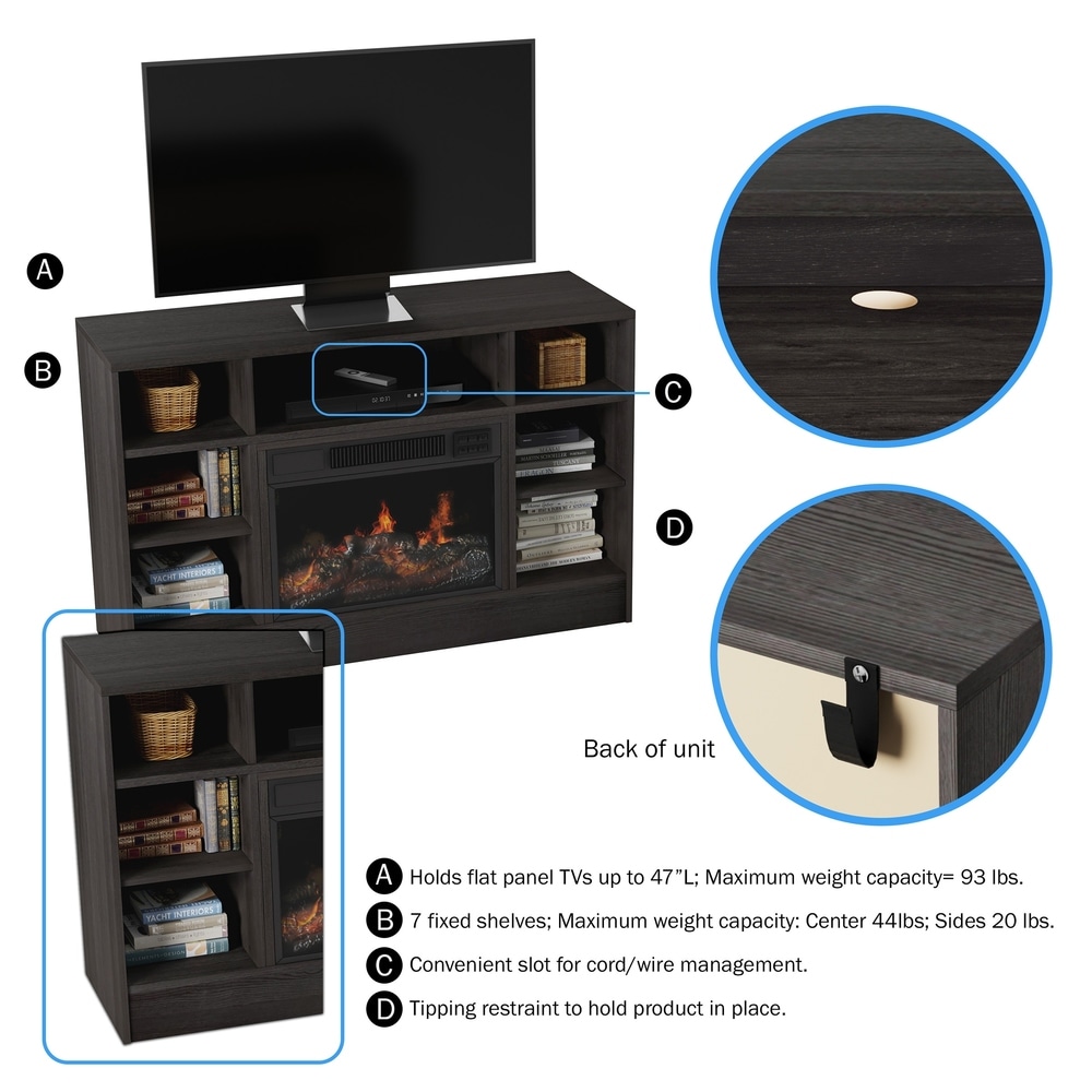 Electric Fireplace TV Stand with Adjustable Heat   Light by Northwest (Gray)   44 x 15 x 28