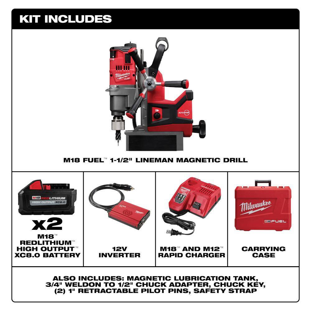 MW M18 FUEL 18V Lithium-Ion Brushless Cordless 1-12 in. Lineman Magnetic Drill High Demand Kit w Two 8.0Ah Batteries 2788-22HD