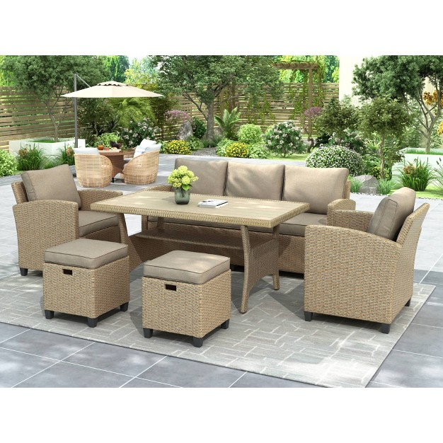 6pc Outdoor Wicker Conversation Set With Arm Chairs Sofa Ottomans amp Coffee Table Brown Godeer