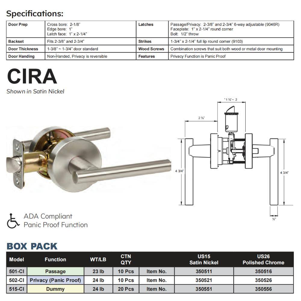 DELANEY HARDWARE Contemporary Collection Cira Satin Nickel HallCloset Door Handle 350511