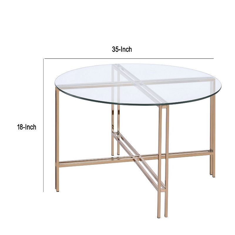 Coffee Table with X Shaped Metal Base and Round Glass Top， Gold