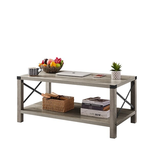 2-Tier Wooden Farmhouse Coffee Table with Metal X- Frame