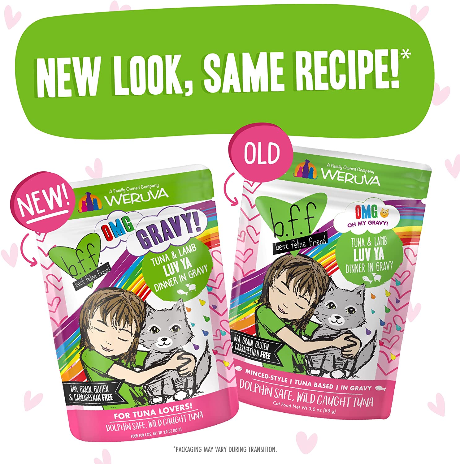 Weruva B.F.F. OMG - Best Feline Friend Oh My Gravy!， Tuna and Lamb Luv Ya with Tuna and Lamb in Gravy Cat Food， 3oz Pouch (Pack of 12)