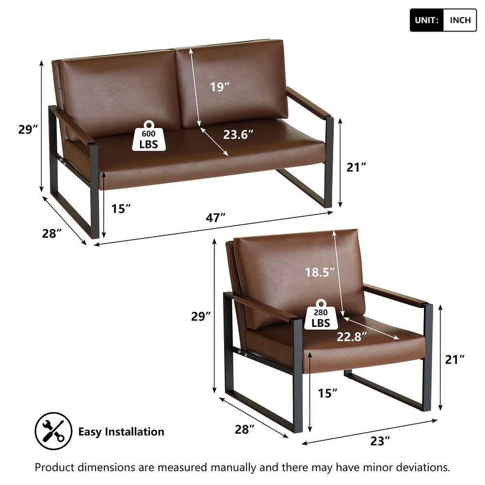 Mieres Mid Century Style 3 Piece PU Leather Living Room Sofa Set Including 2 Armchairs and 1 Loveseat Sofa