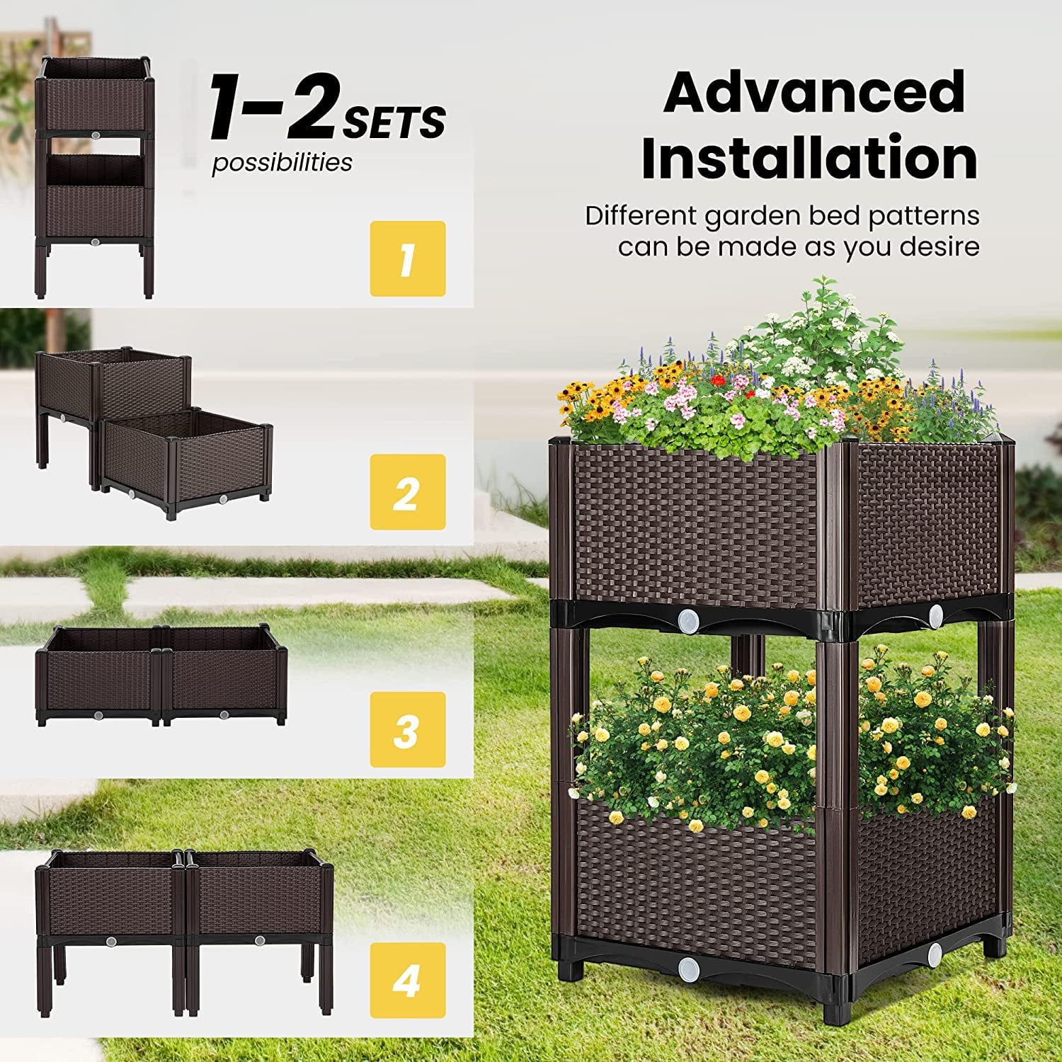 VIVOHOME Elevated Plastic Raised Garden Planter Kit, 17" x 17" x 7"  (2 Pack, Brown)