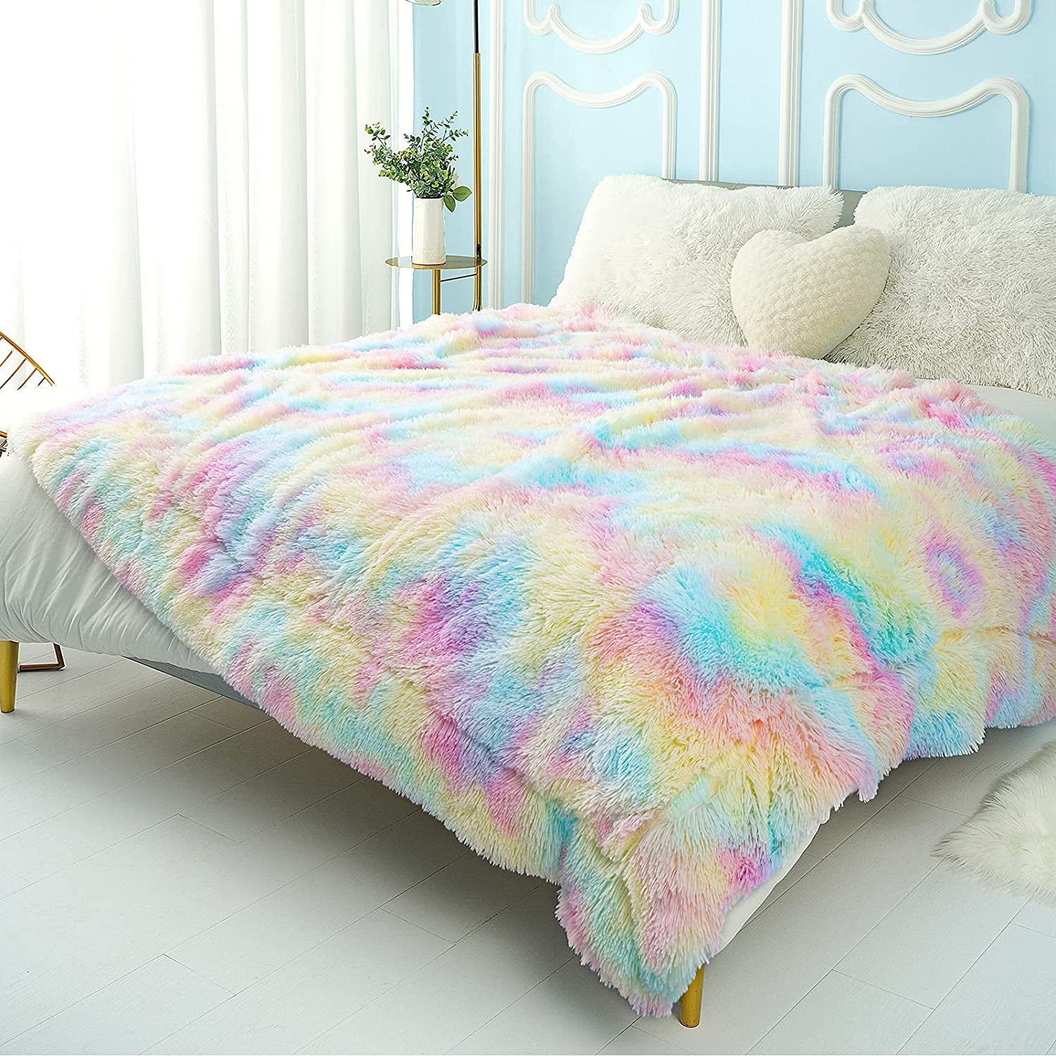 Lochas Plush Fluffy Soft Rainbow Blanket for Couch Bed Sofa Kids Warm Sherpa Colorful Blankets， 50