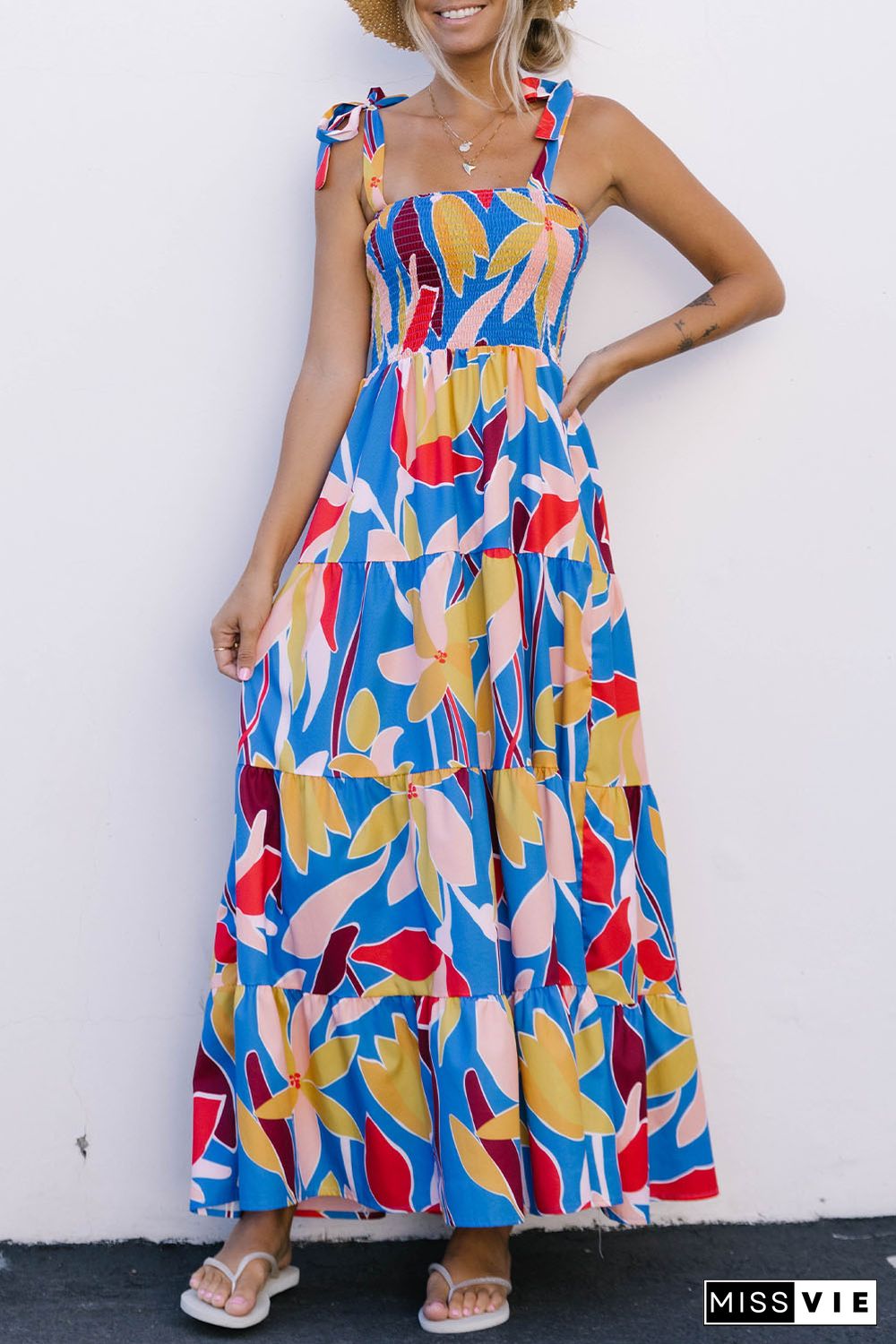 Blue Boho Print Tie Straps Smocked Maxi Dress