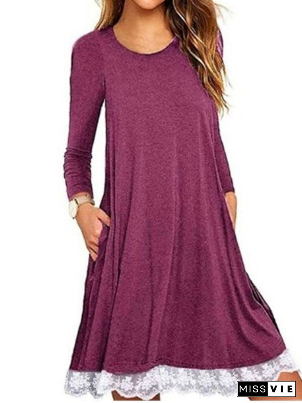 Women Scoop Neck Long Sleeve Solid Color Dress