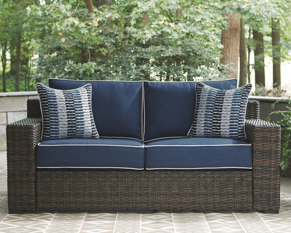 Modern Farmhouse Sofa  Wicker Frame  ampPlush Navy Cushions  Indoor or Outdoor Use   Transitional   Sofas   by Declusia  Houzz