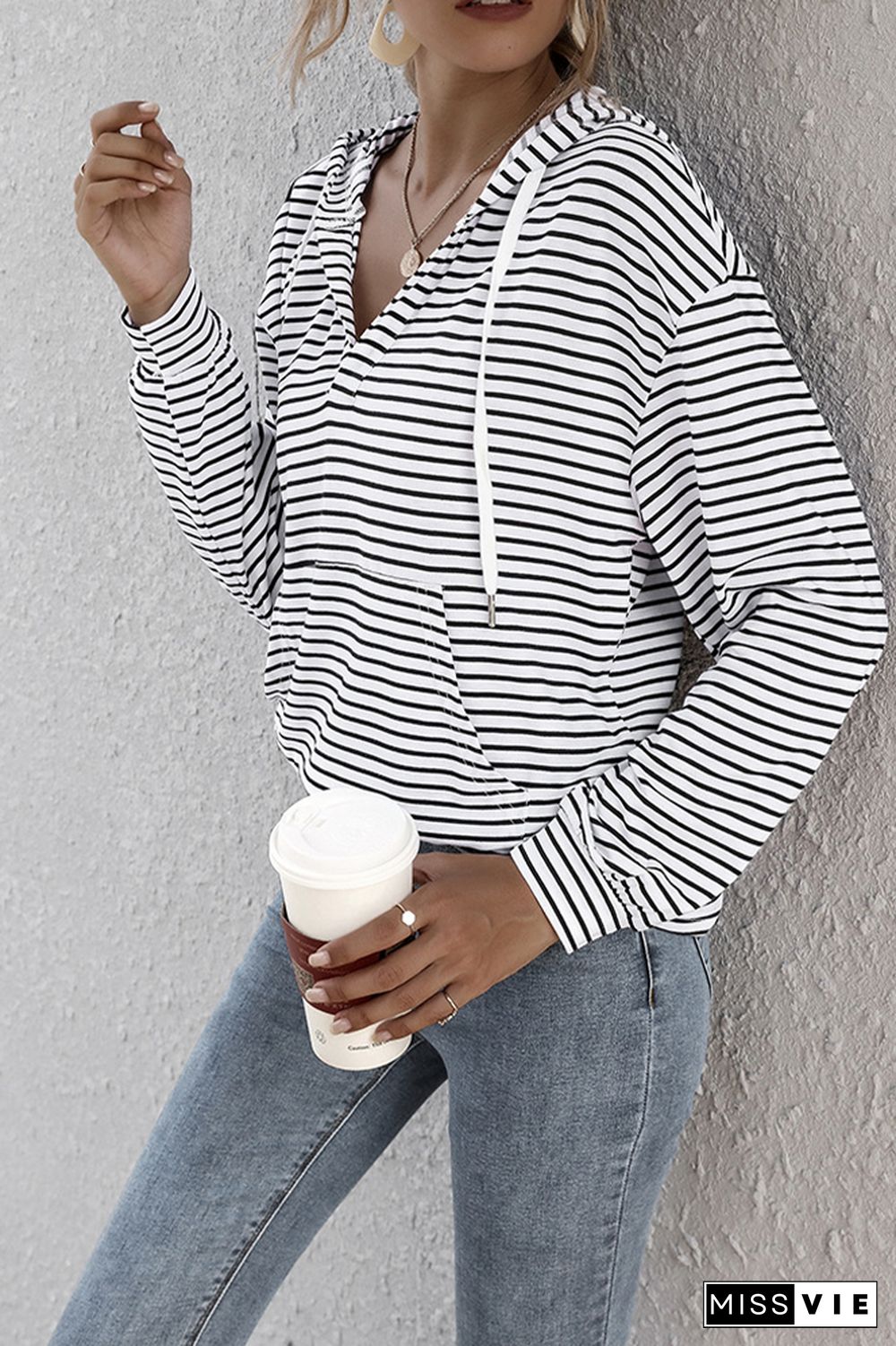 Stripes V Neck Front Pocket Drawstring Hoodies Wholesale