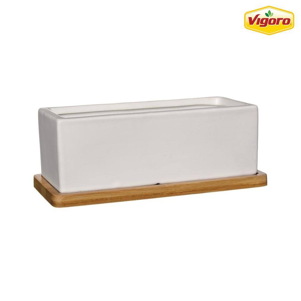 Vigoro 9 in. Nipp Medium White Ceramic Rectangle Planter (9 in. L x 8.5 in. W x 3.4 in. H) with Attached Tray HD1138-089