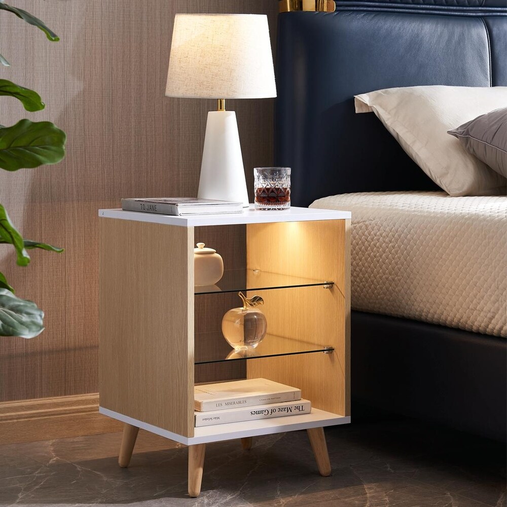 Modern LED Nightstand with Glass Shelves and Adjustable Lighting