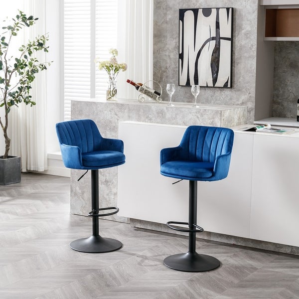 Velvet Adjustable Bar Stools with BackandFootrest， Set of 2