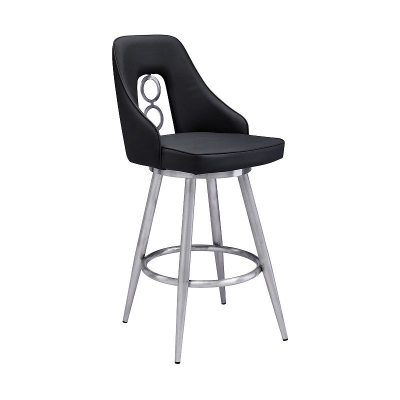 Faux Leather Barstool with Metal Tapered Legs， Black and Silver