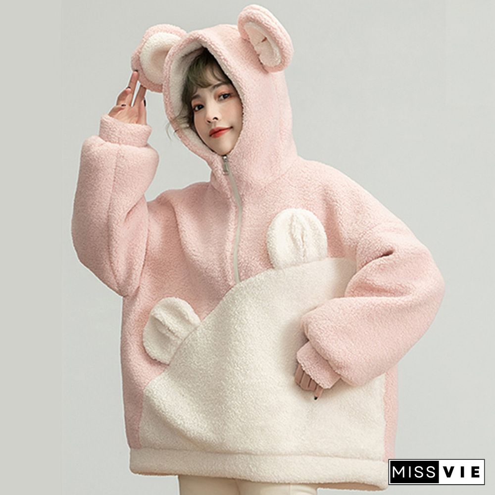 Cartoon Bear Ears Zipper Colorblock Loose Hoodie