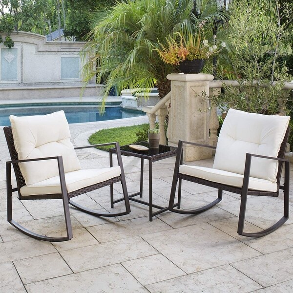 SUNCROWN 3Piece Outdoor Patio Brown Wicker Rocking Chairs Bistro Set