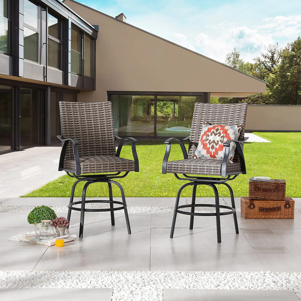 Set of 2 Patio Bar Stool  Black Finished Frame With Woven PE Rattan Seat  ampBack   Tropical   Outdoor Bar Stools And Counter Stools   by Decor Love  Houzz