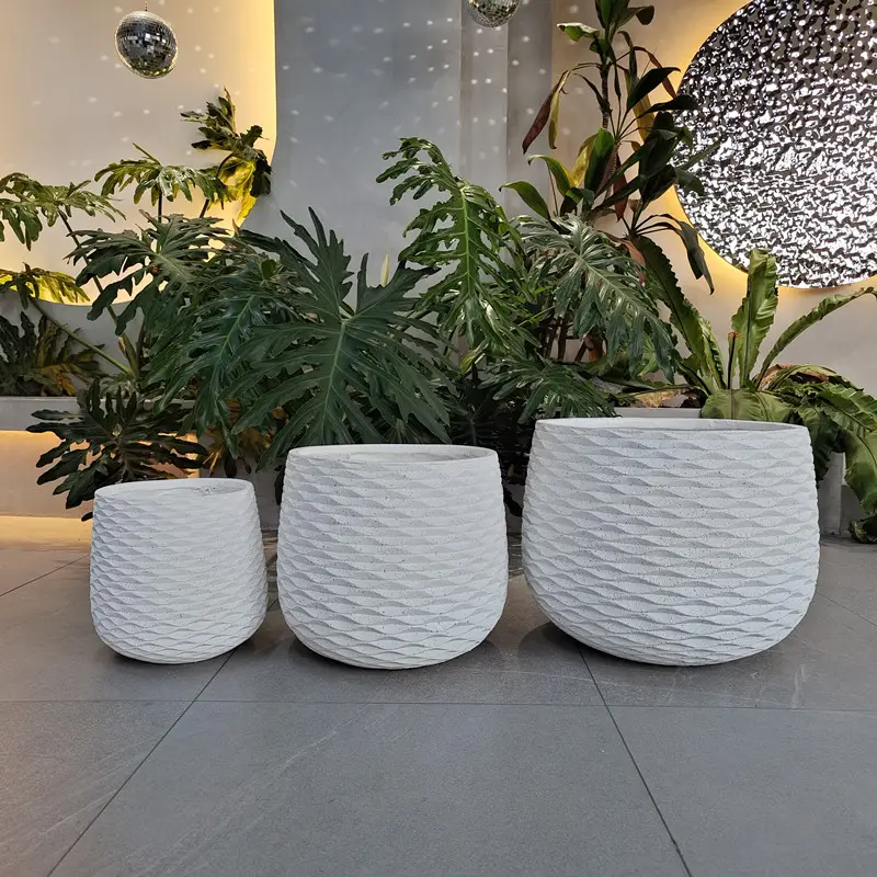 Supply Competitive Price Occident Popular Textured Round Fiberglass Mgo Indoor Cement Plant Pots Garden Decoration Concrete Flow