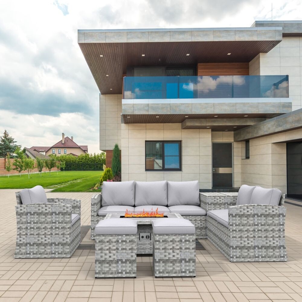 7 Piece Outdoor Wide Wicker Sofa Set with Fire Pit Table