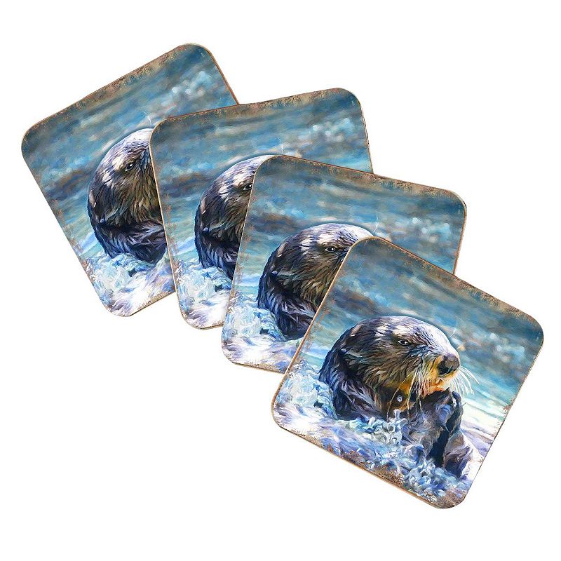 Otter Coastal Wooden Cork Coasters Gift Set of 4 by Nature Wonders