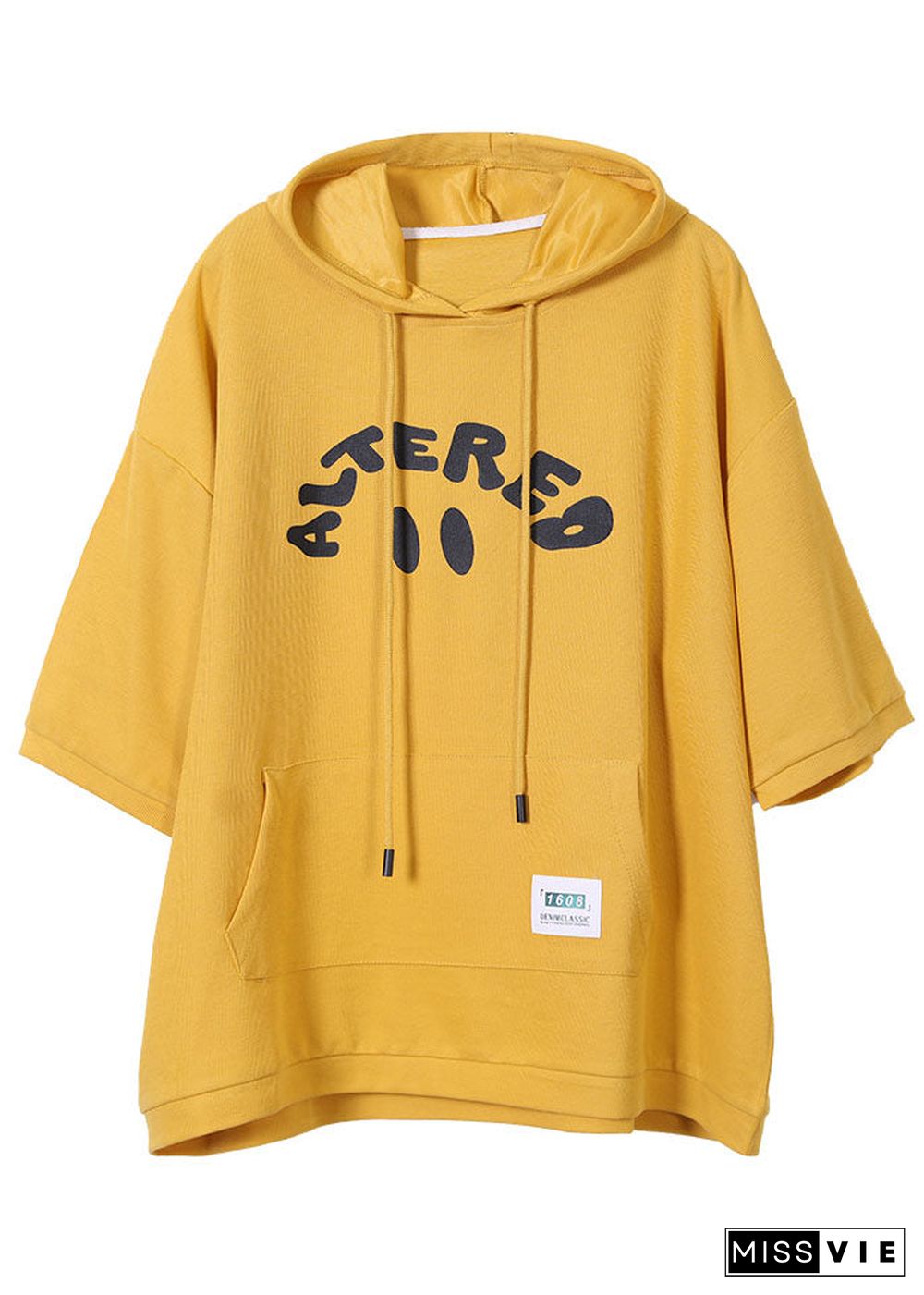 Diy Yellow Drawstring Hooded Letter Print Cotton Loose Sweatshirt Top Long Sleeve