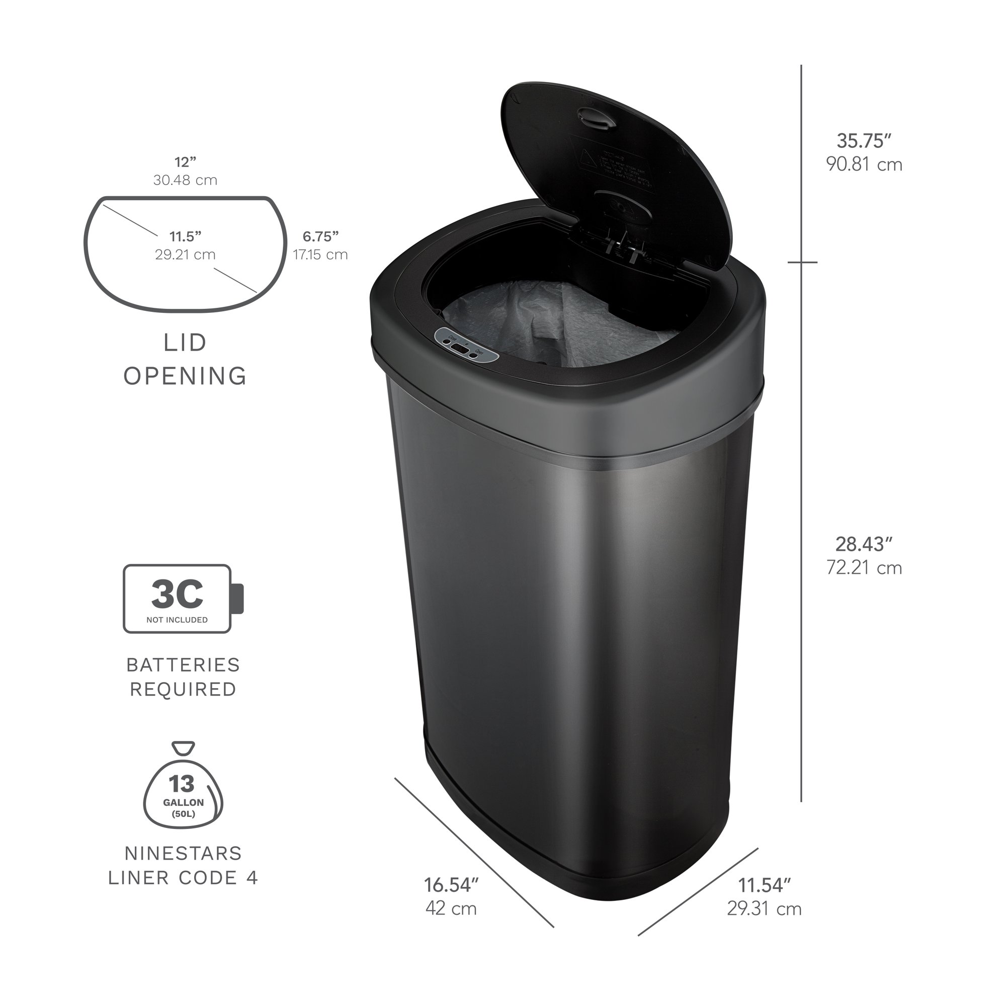 Nine Stars Motion Sensor Oval Kitchen Garbage Can， Fingerprint-Resistant Stainless Steel， 13.2 Gal， Matte Black