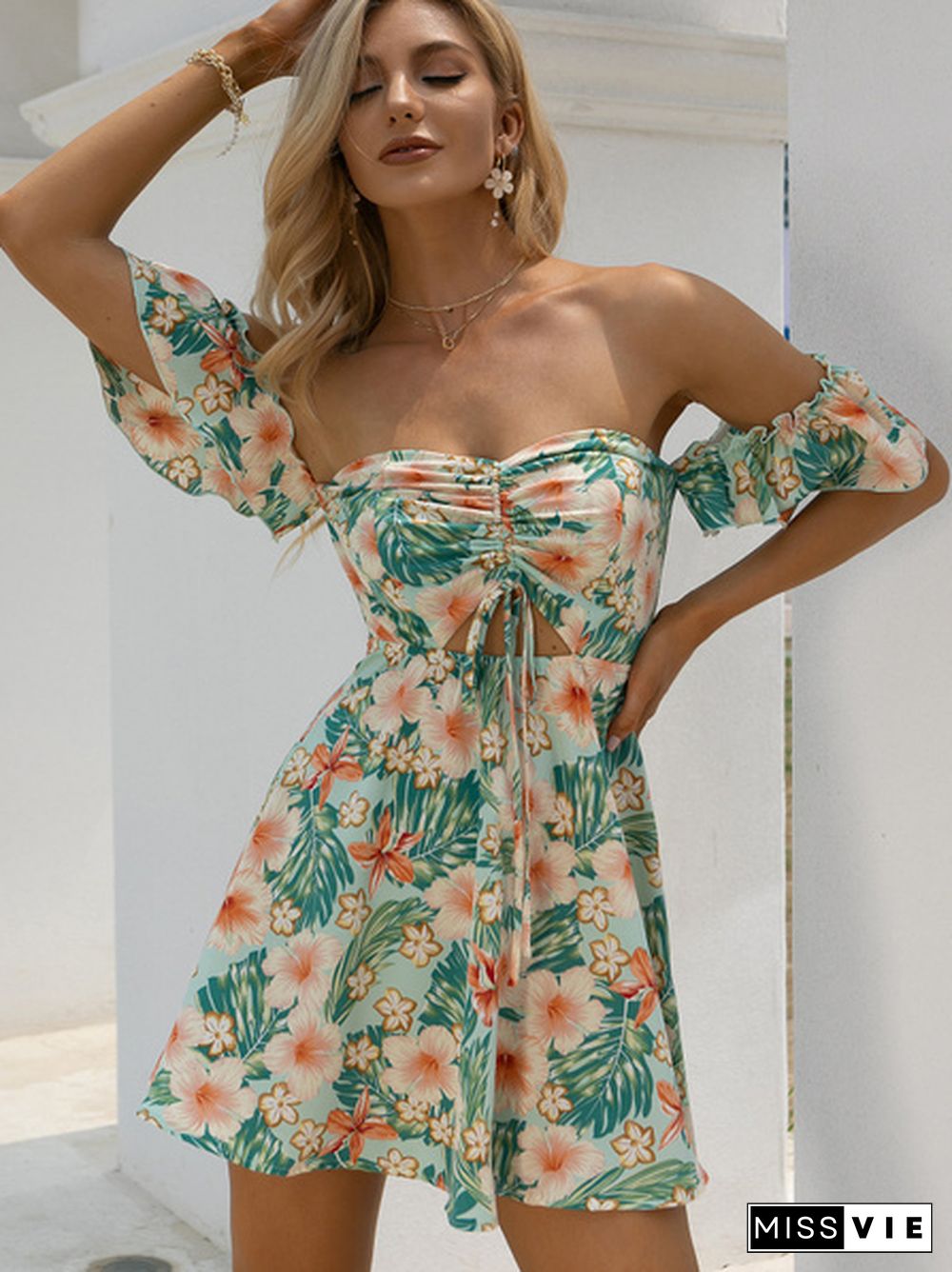 Tropical Floral Print Drawstring Peekaboo Bardot Beach Hot Dress