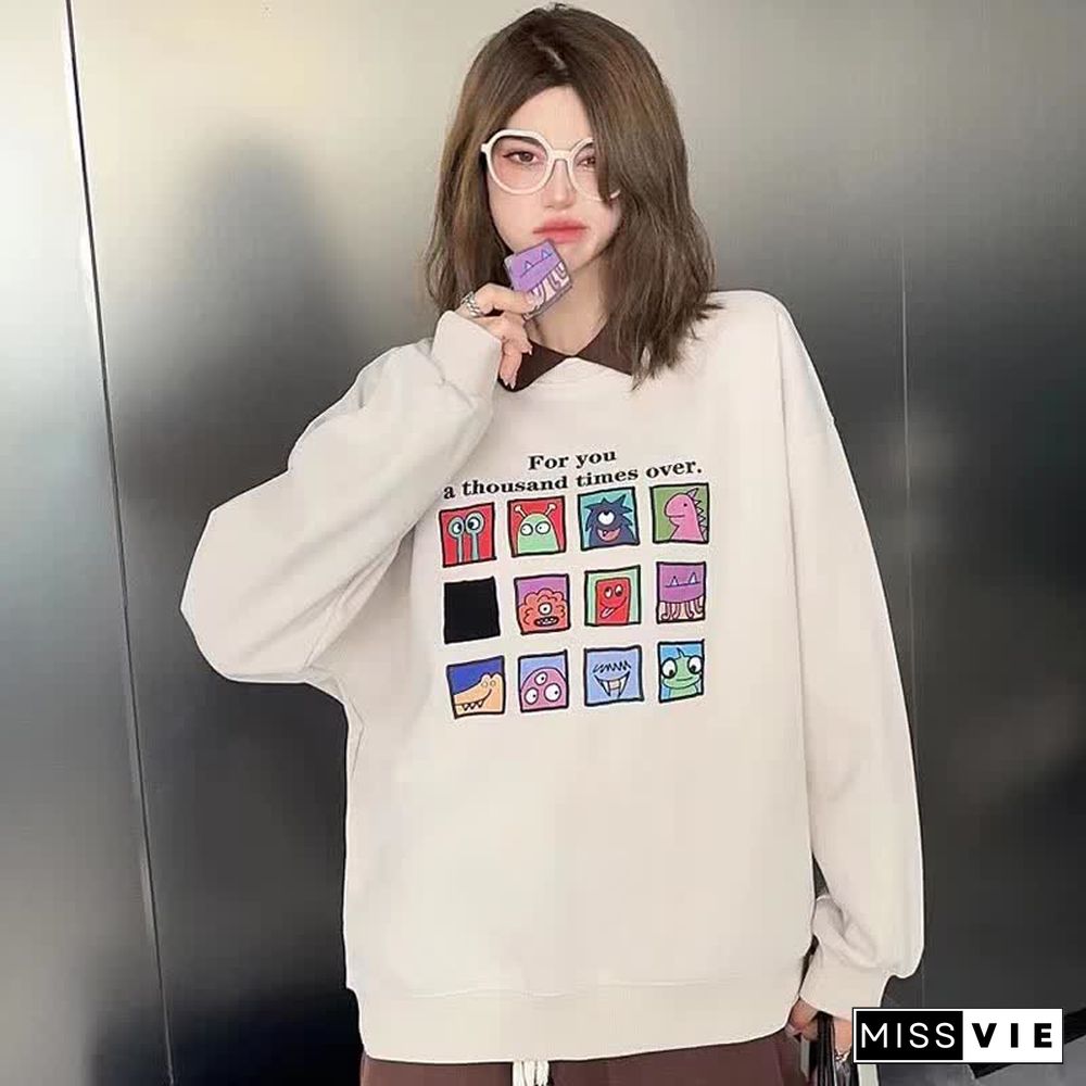 Cartoon Letter Print Long Sleeve Lapel Sweatshirt