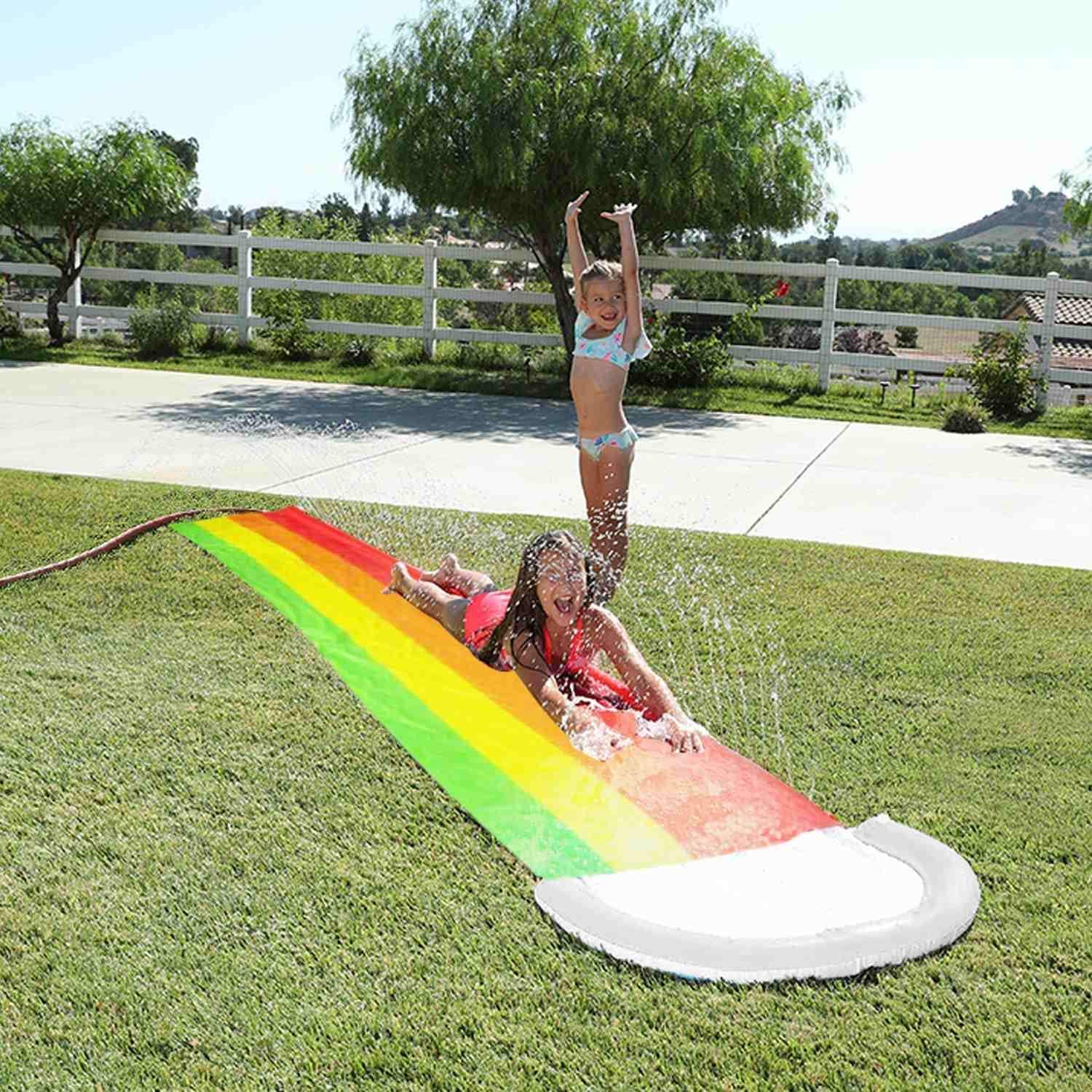 Intera 14 FT Lawn Water Slides, Rainbow Slip Slide Play Center with Splash Sprinkler and Inflatable Crash Pad for Kids Children Summer Backyard Swimming Pool Games Outdoor Water Toys