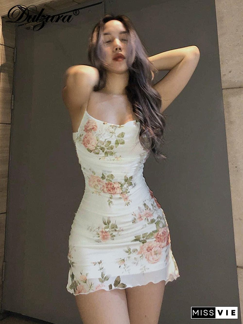 Dulzura Floral Print Women Mesh Strap Mini Dress Ruched Bodycon Sexy Streetwear Party Club Elegant Vintage Summer Clothes