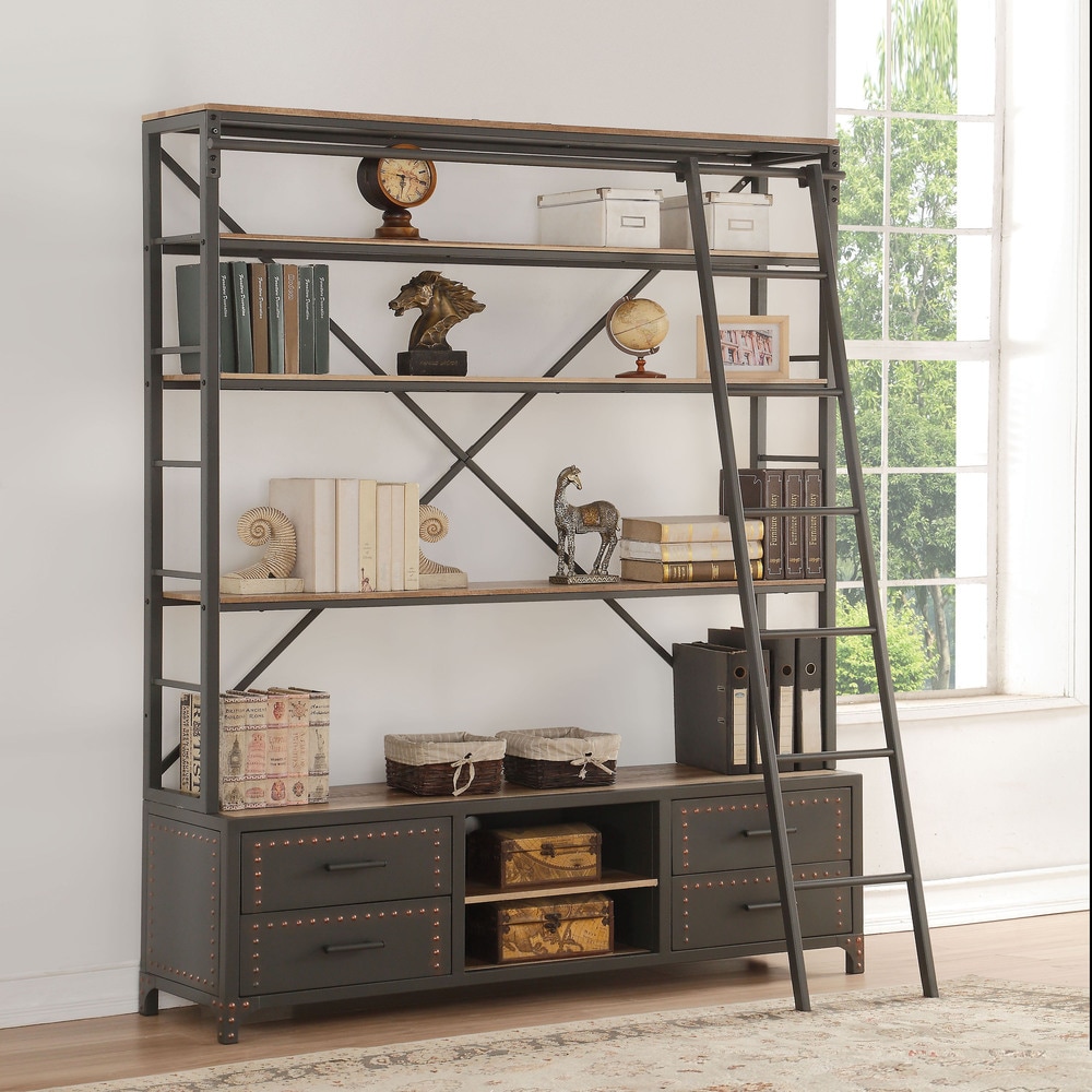 Acme Furniture Actaki Sandy Grey Etagere Bookcase with Ladder