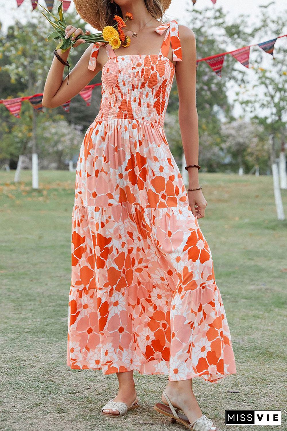 Orange Floral Tie Strap Smocked Maxi Dress