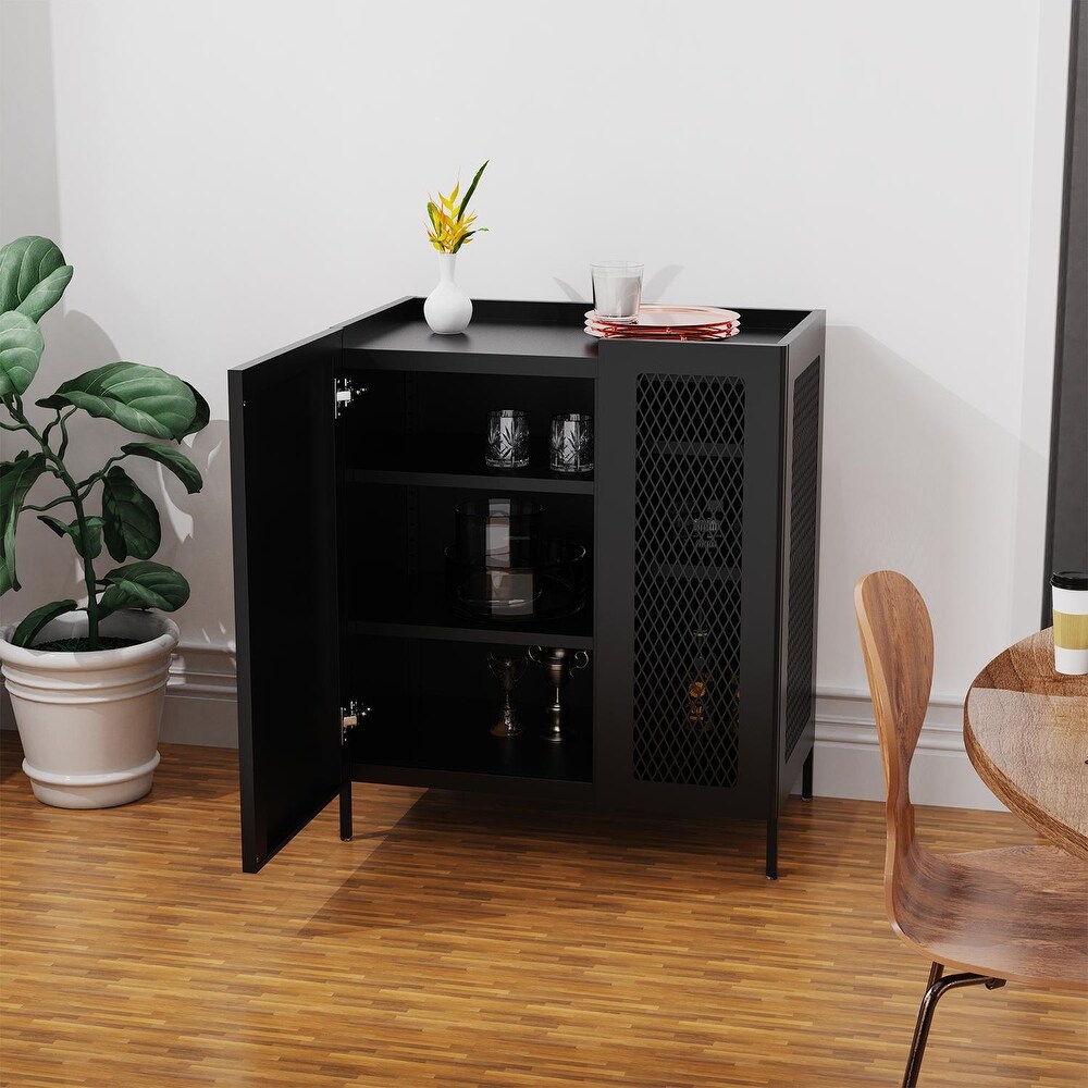 Metal Sideboard Cabinet with Mesh Element Doors and Adjustable Shelves for Dining Room Kitchen  Living Room Hallway(Black)