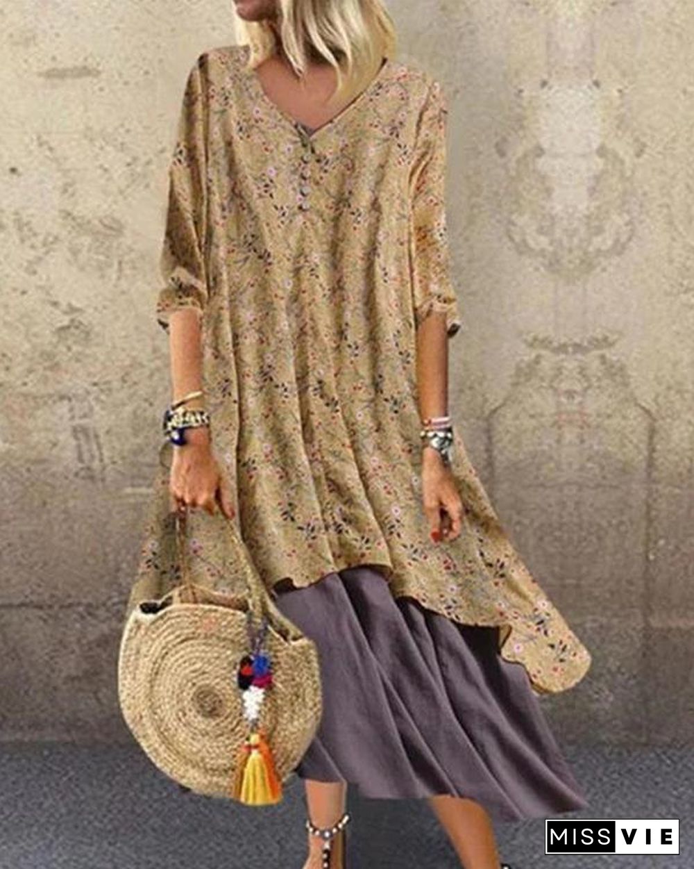 V Neck Women Dresses A-Line Going Out Boho Cotton Dresses