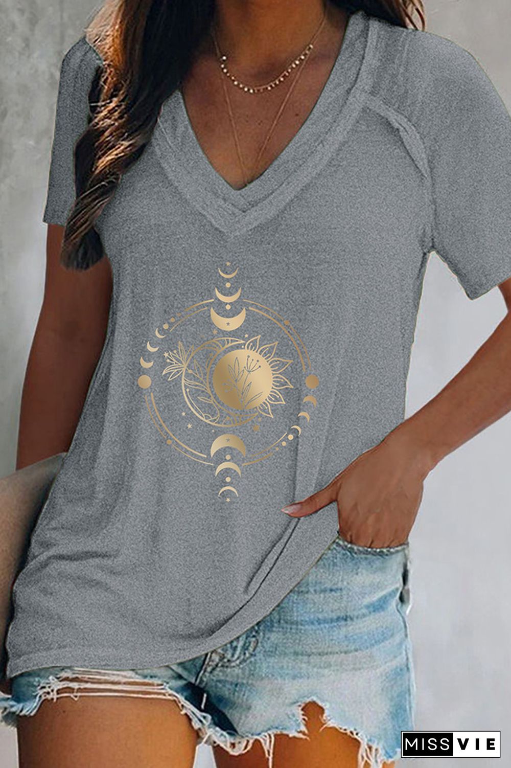 Sun And Moon Print V Neck Graphic Tee