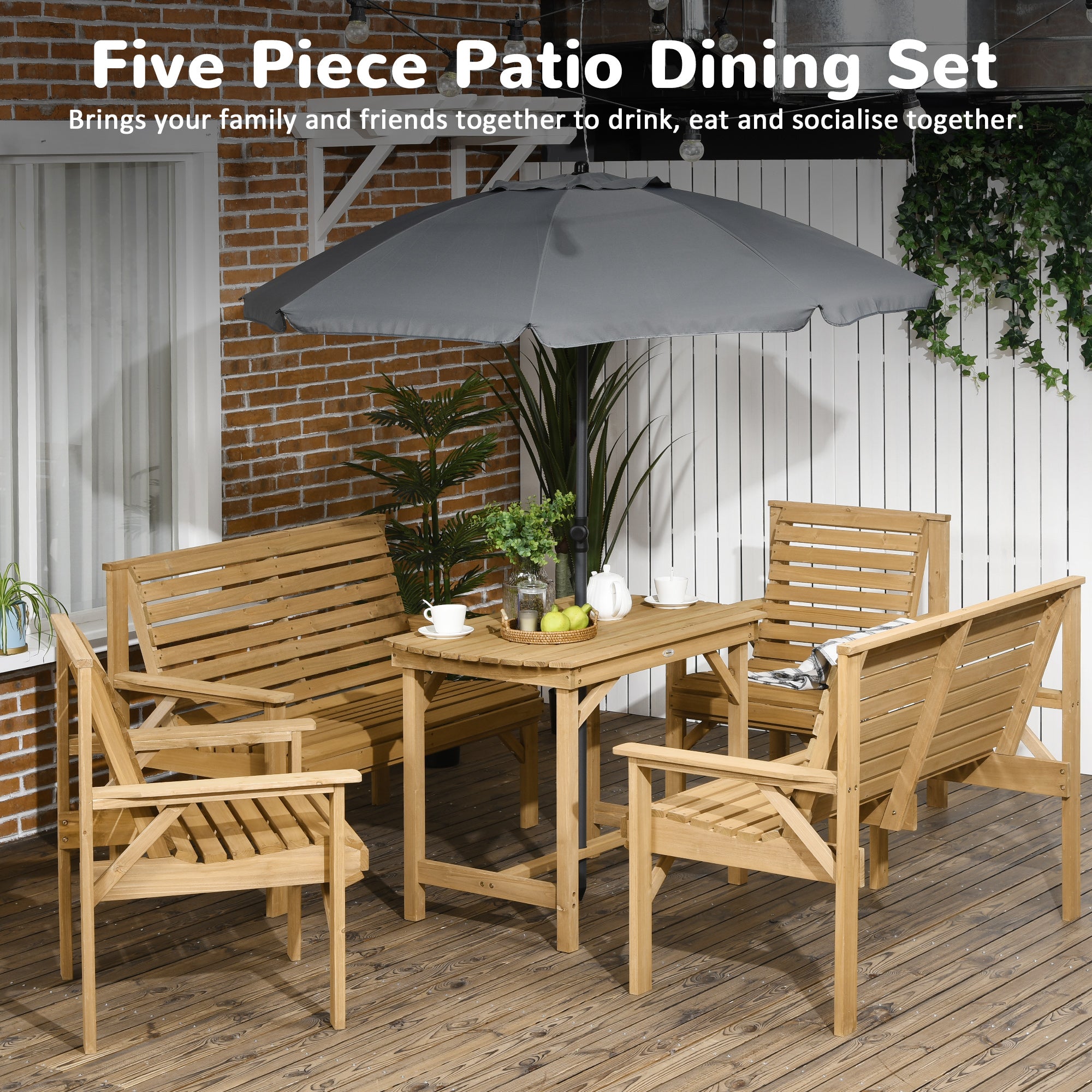 Outsunny 5 Piece Patio Dining Set Table and Chairs, 2 Chairs, 2 Loveseats, & Dining Table w/ Umbrella Hole, Wooden Outdoor Table and Chairs Conversation Set for Backyard, Pool, Garden, Brown