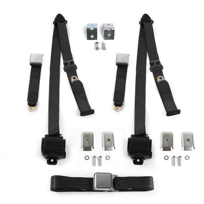 Black Retractable Bench Seat Belt Kit with Bracketry for 1961-1966 Ford Truck Airplane 3 Point - 3 Belts