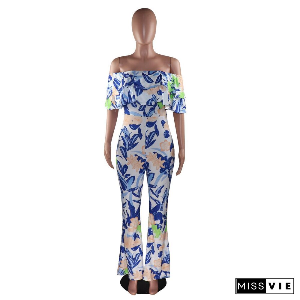 Sexy Off Shoulder Ruffles Floral Printed Wide-legs Jumpsuit