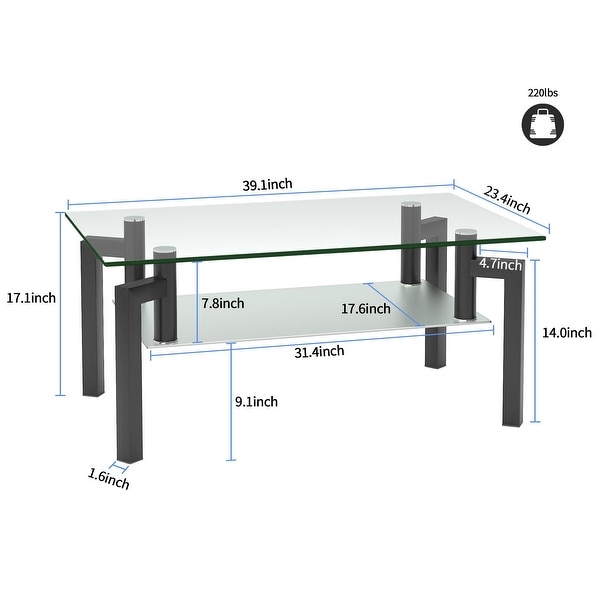 Rectangle Coffee Table 2-Tier Storage Side Table Black Tempered Glass Tabletop Center Table with Metal Tube Legs