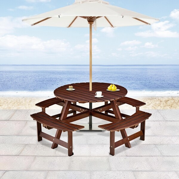 Outdoor 8 Person Round Picnic Table with Bench，Umbrella Hole for Garden，Backyard，Porch，Patio