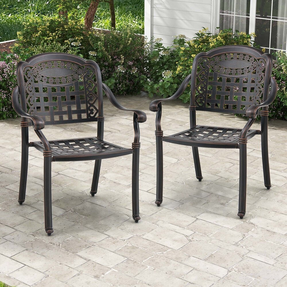 Costway 2pcs Patio Cast Aluminum Armrest Chairs Dining Stackable   See Details