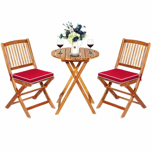 3 Pieces Acacia Wood Patio Folding Bistro Set Cushioned Chair - Overstock - 37532301