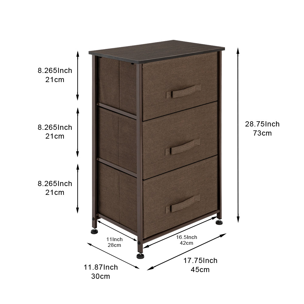 Veryke Modern Wood Finish 3 Drawer Dresser with Easy Pull Fabric Bins, Nightstand for Bedroom, Hallway, Brown