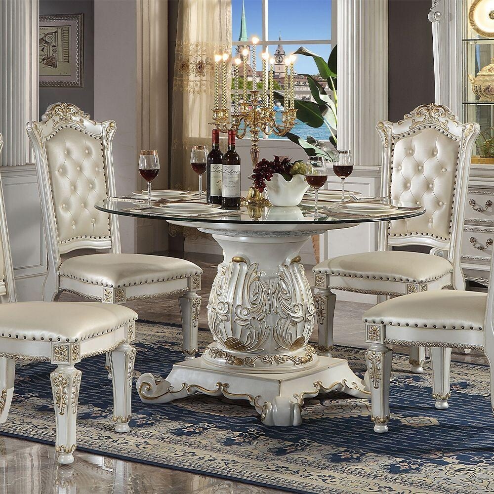 ACME Vendome Pedestal Round Dining Table in Antique Pearl