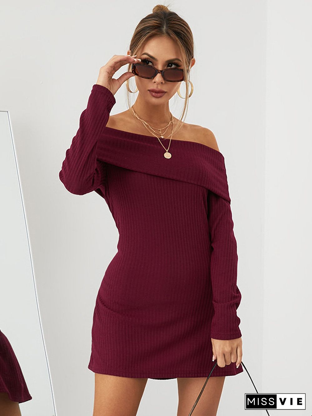 Solid Off-shoulder Long Sleeve Mini Casual Dress