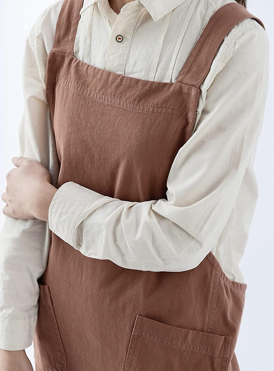 Japanese Cotton Linen Cross Back Apron For Women With Pockets，fashion Pinafore Dress For Gardening Painting Cleaning Cooking