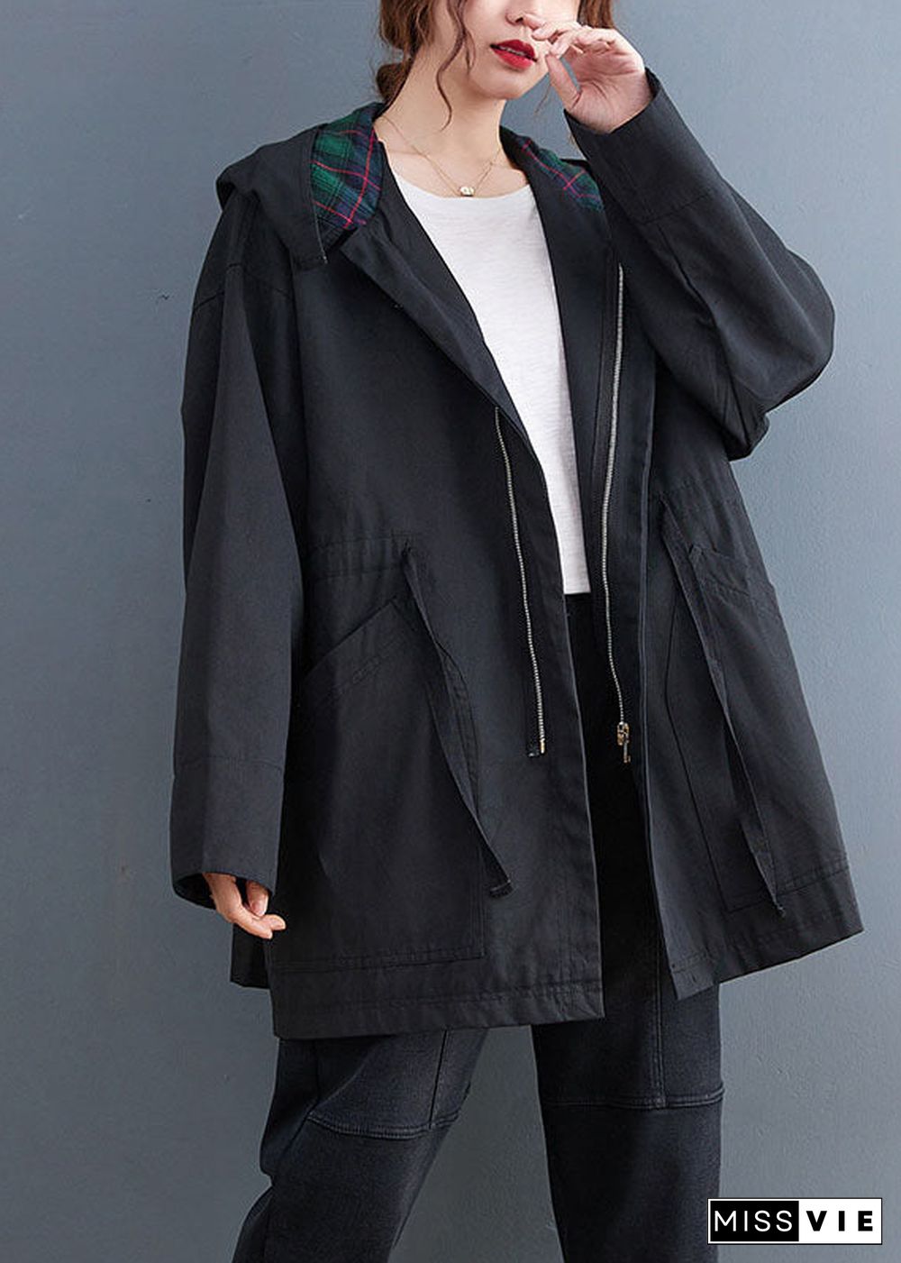 Simple Black fashion Casual zippered Fall  Hooded trench coats