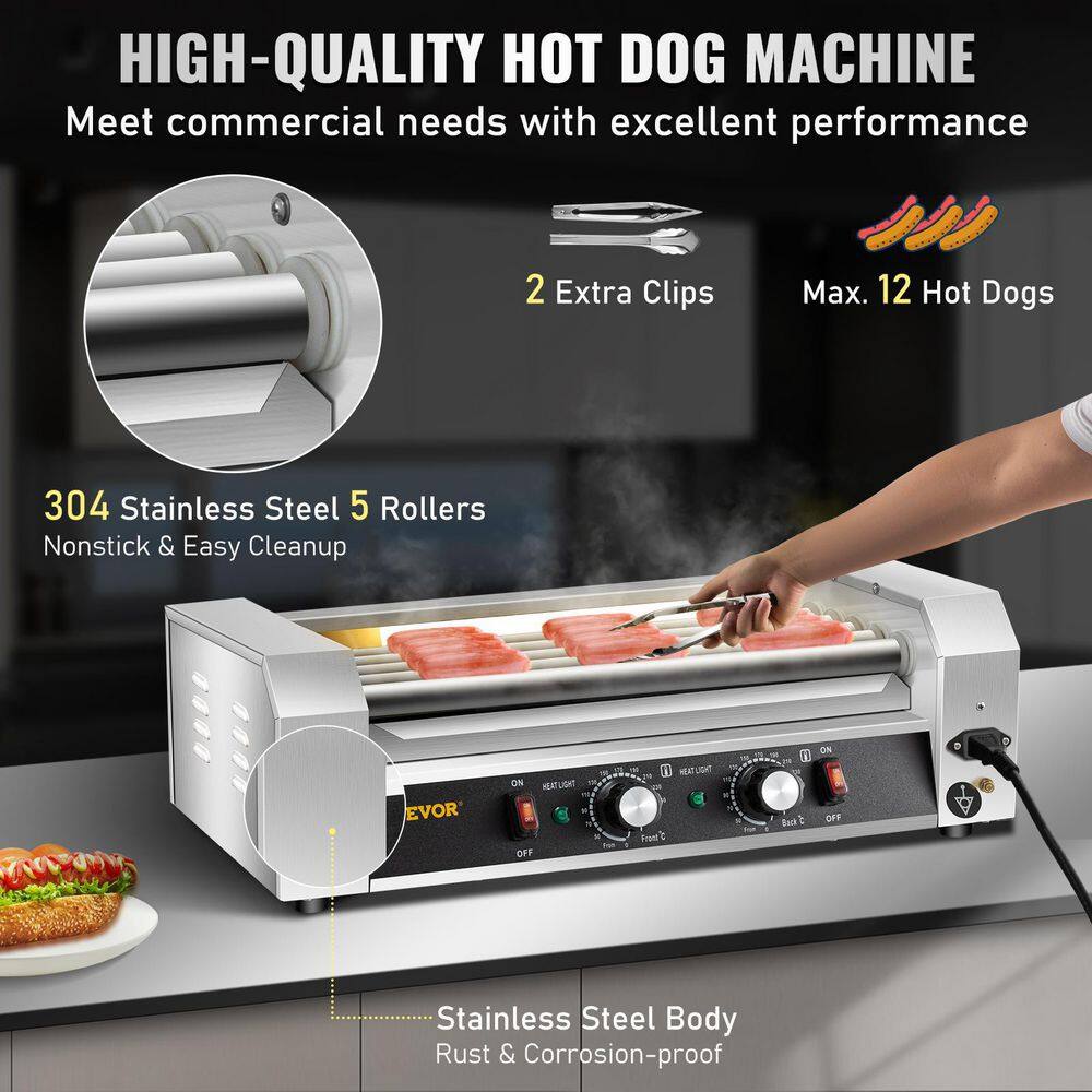 VEVOR Hot Dog Roller 12 Hot Dog 5 Rollers 750-Watt Stainless Steel Cook Warmer with Dual Temp Control Indoor Grills Silver GWGRGJBX5110VDRWBV1